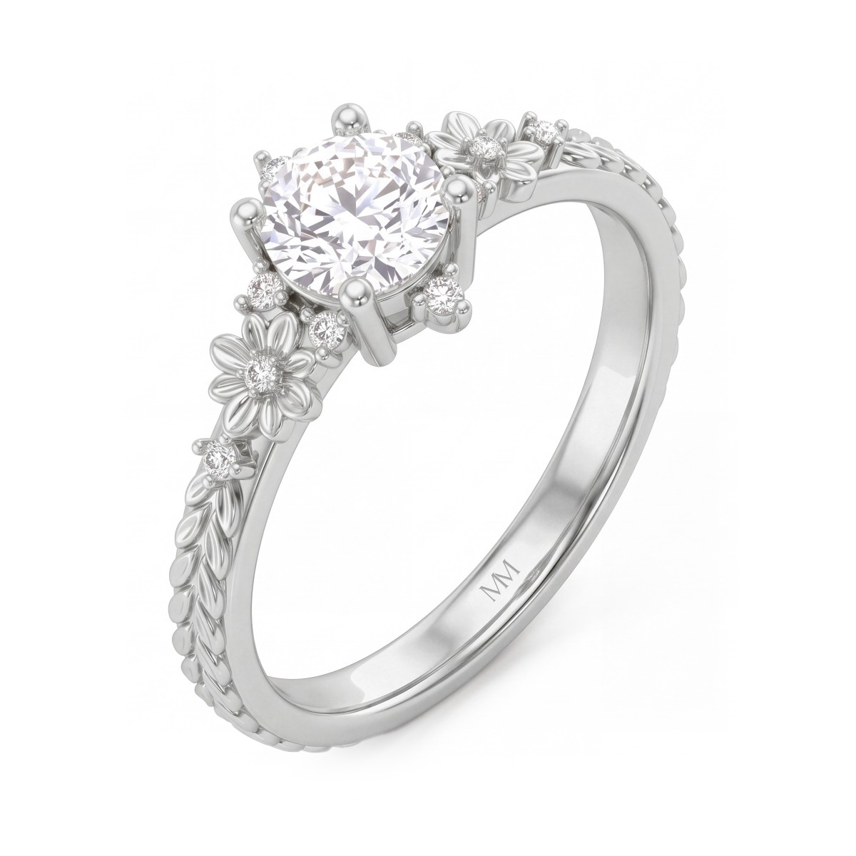 Primrose - vintage ronde moissanite ring met florale schouders
