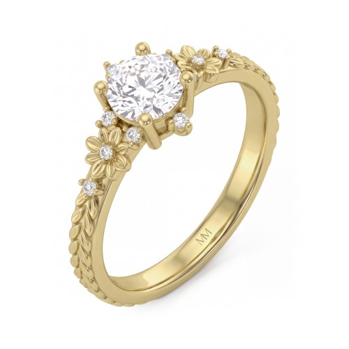 Primrose - vintage ronde moissanite ring met florale schouders