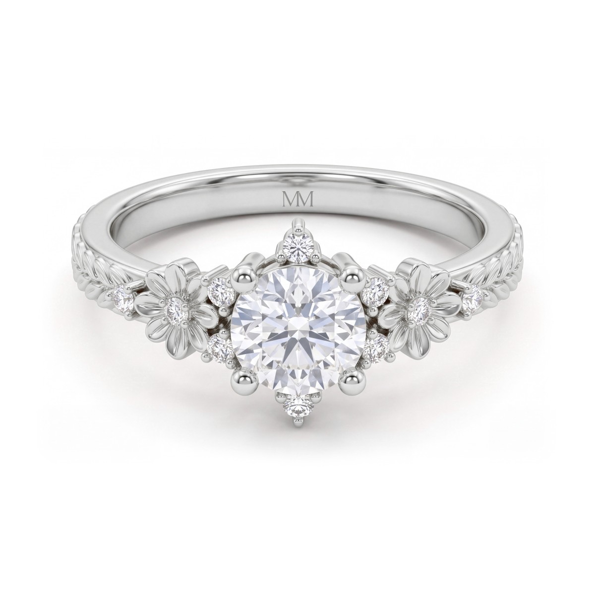 Primrose - vintage ronde moissanite ring met florale schouders