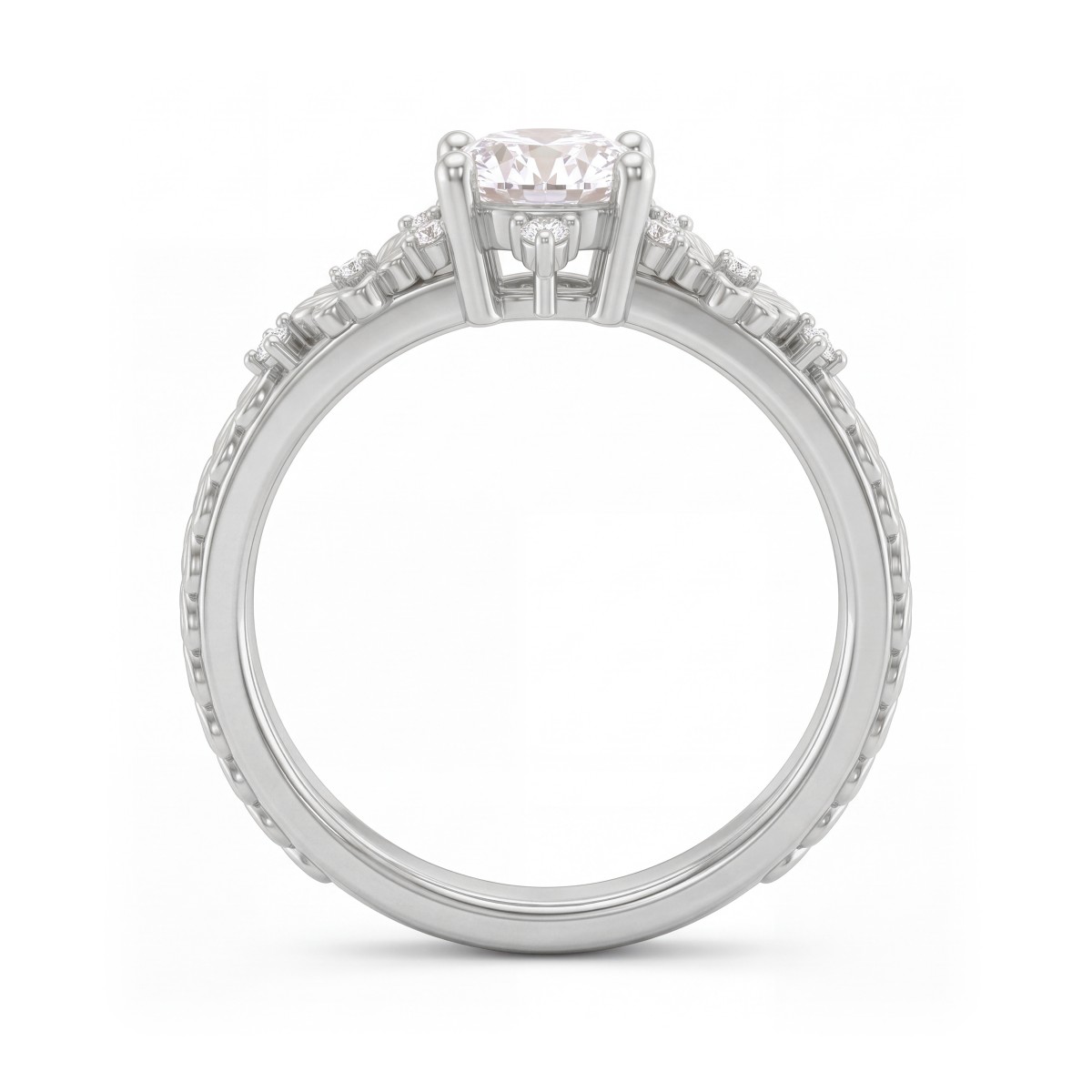 Primrose - vintage ronde moissanite ring met florale schouders