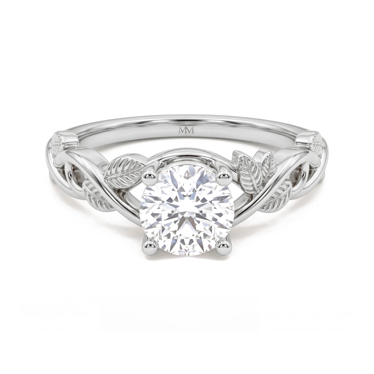 Ivy - ronde moissanite verlovingsring met bladranken op de schouders