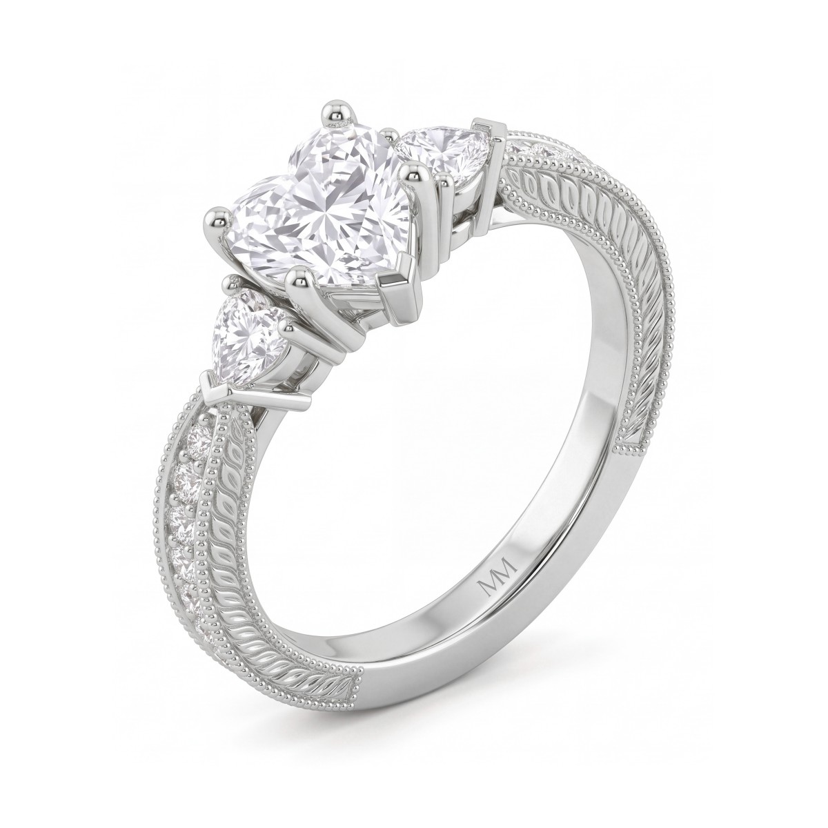 Cherie - hartvormige moissanite ring met hartvormige zijstenen