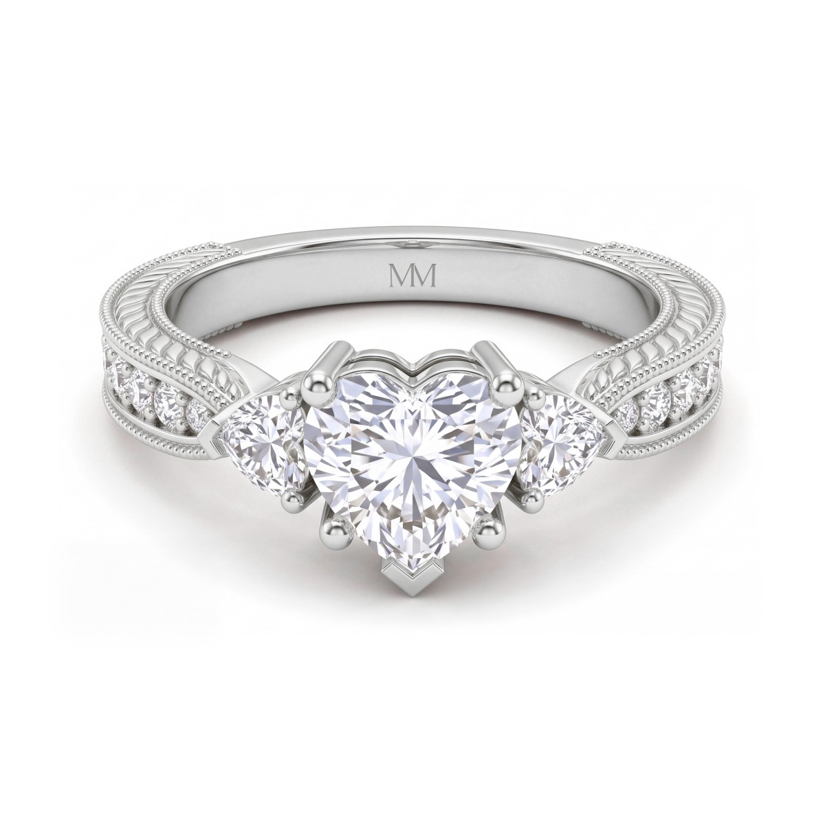 Cherie - hartvormige moissanite ring met hartvormige zijstenen