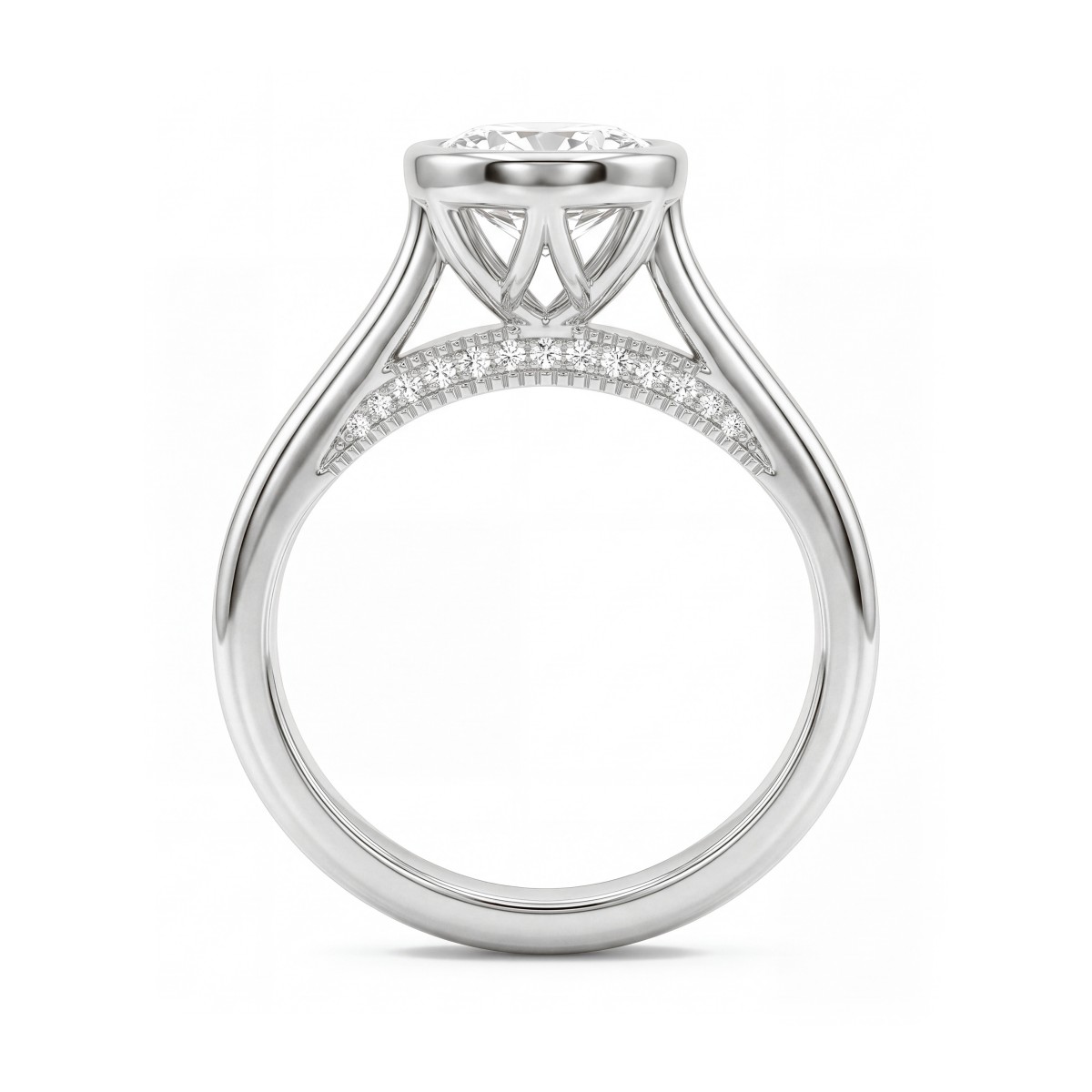 Camille - ovale moissanite ring met kastzetting en opengewerkte galerij
