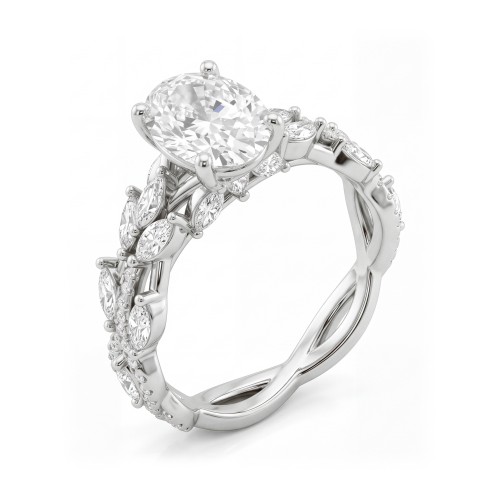 Wisteria - ovale moissanite ring met ringband in de vorm van gedraaide ranken