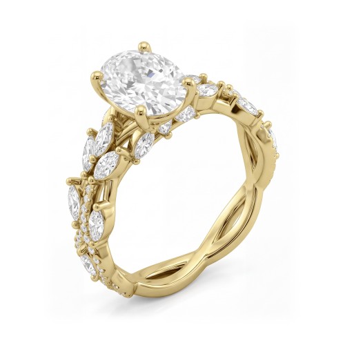 Wisteria - ovale moissanite ring met ringband in de vorm van gedraaide ranken