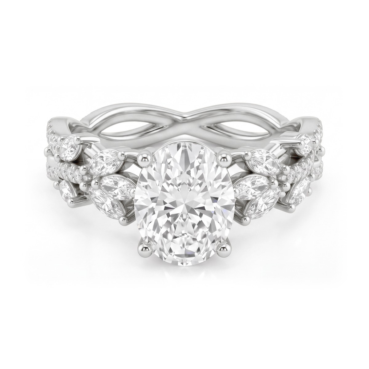 Wisteria - ovale moissanite ring met ringband in de vorm van gedraaide ranken