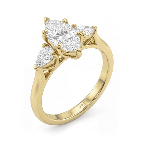 Navette - marquise moissanite verlovingsring met drie stenen en naar buiten gerichte peervormige zijstenen