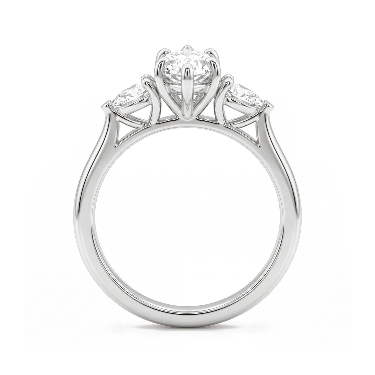 Navette - marquise moissanite verlovingsring met drie stenen en naar buiten gerichte peervormige zijstenen