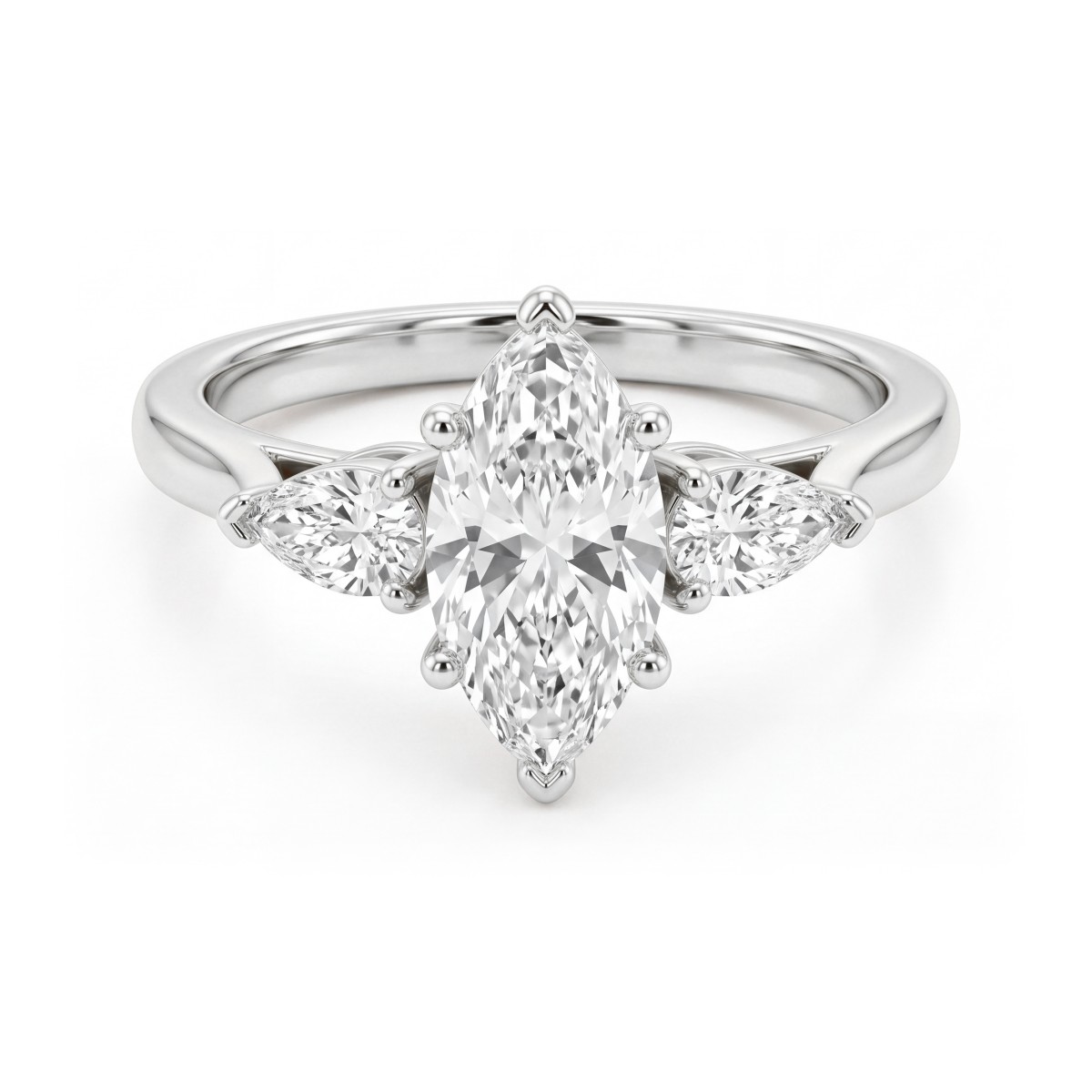 Navette - marquise moissanite verlovingsring met drie stenen en naar buiten gerichte peervormige zijstenen