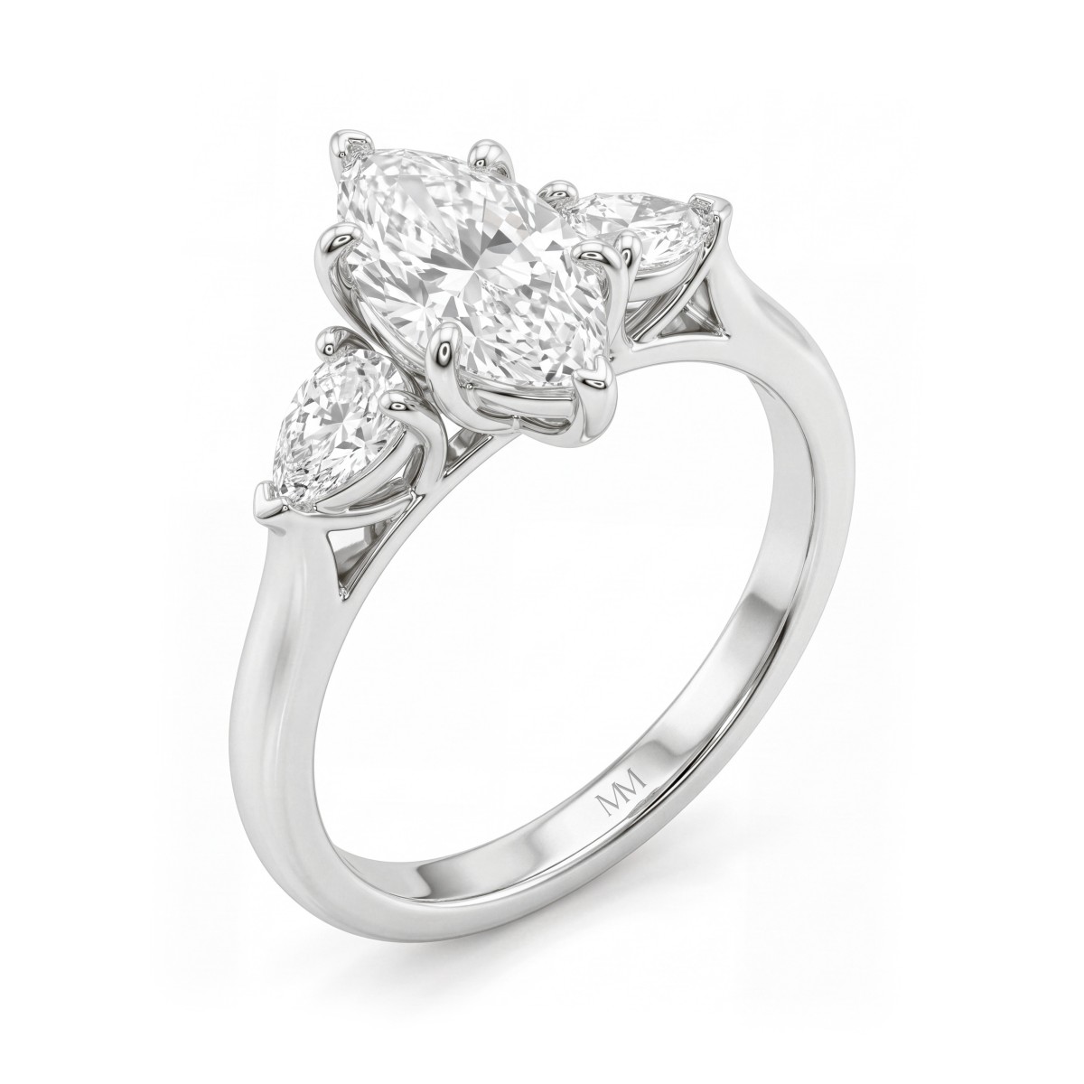 Navette - marquise moissanite verlovingsring met drie stenen en naar buiten gerichte peervormige zijstenen
