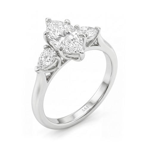 Navette - marquise moissanite verlovingsring met drie stenen en naar buiten gerichte peervormige zijstenen