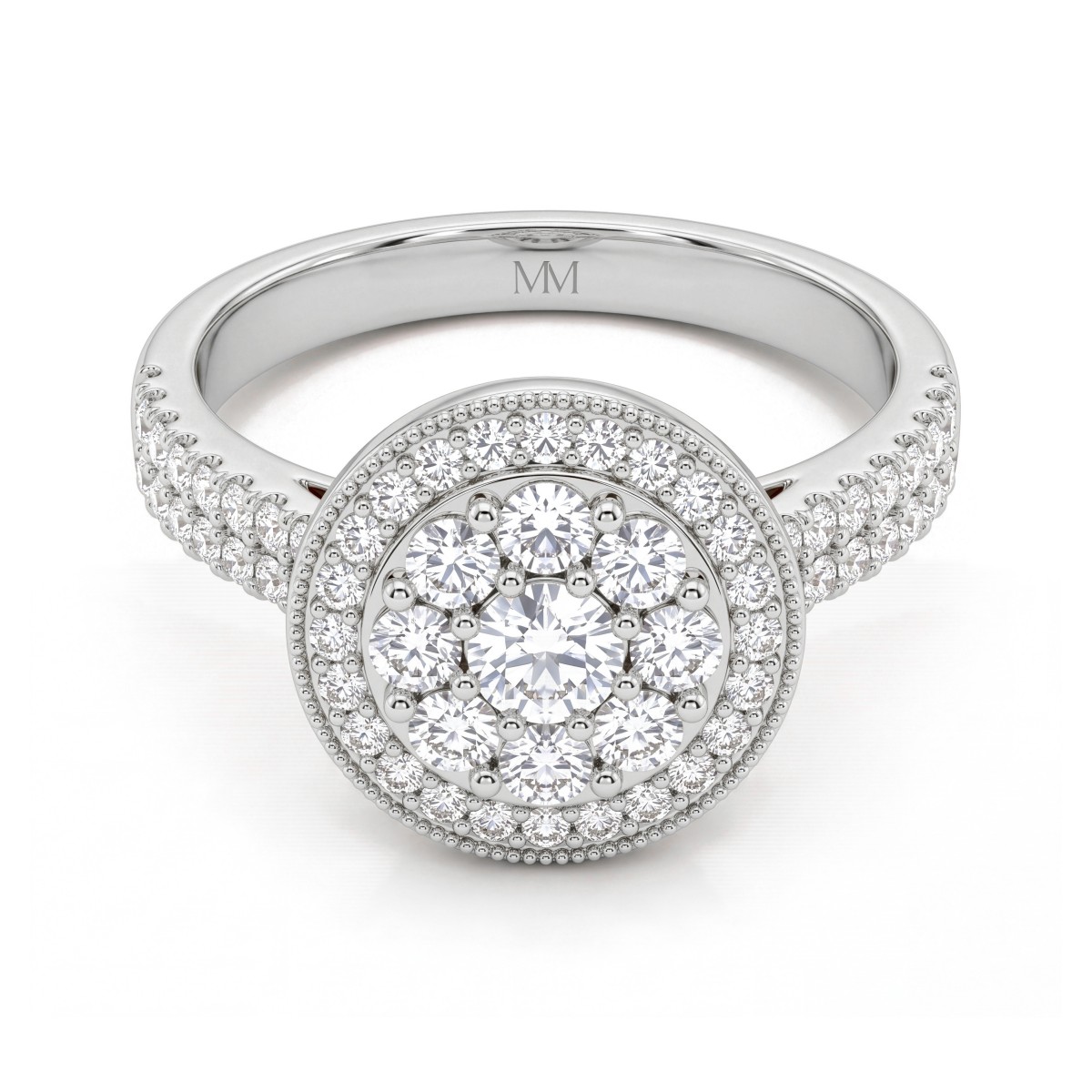 Corollina - ronde moissanite clusterring met halo en pavé schouders