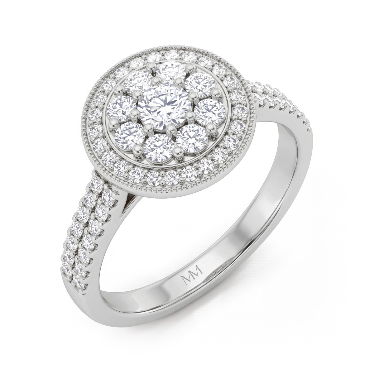 Corollina - ronde moissanite clusterring met halo en pavé schouders