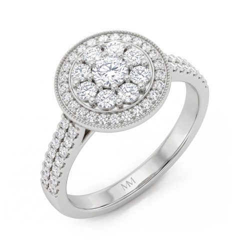 Corollina - ronde moissanite clusterring met halo en pavé schouders
