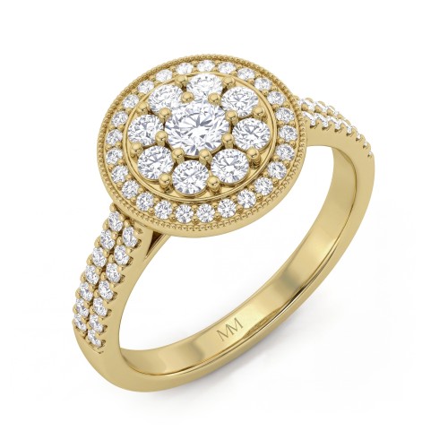 Corollina - ronde moissanite clusterring met halo en pavé schouders