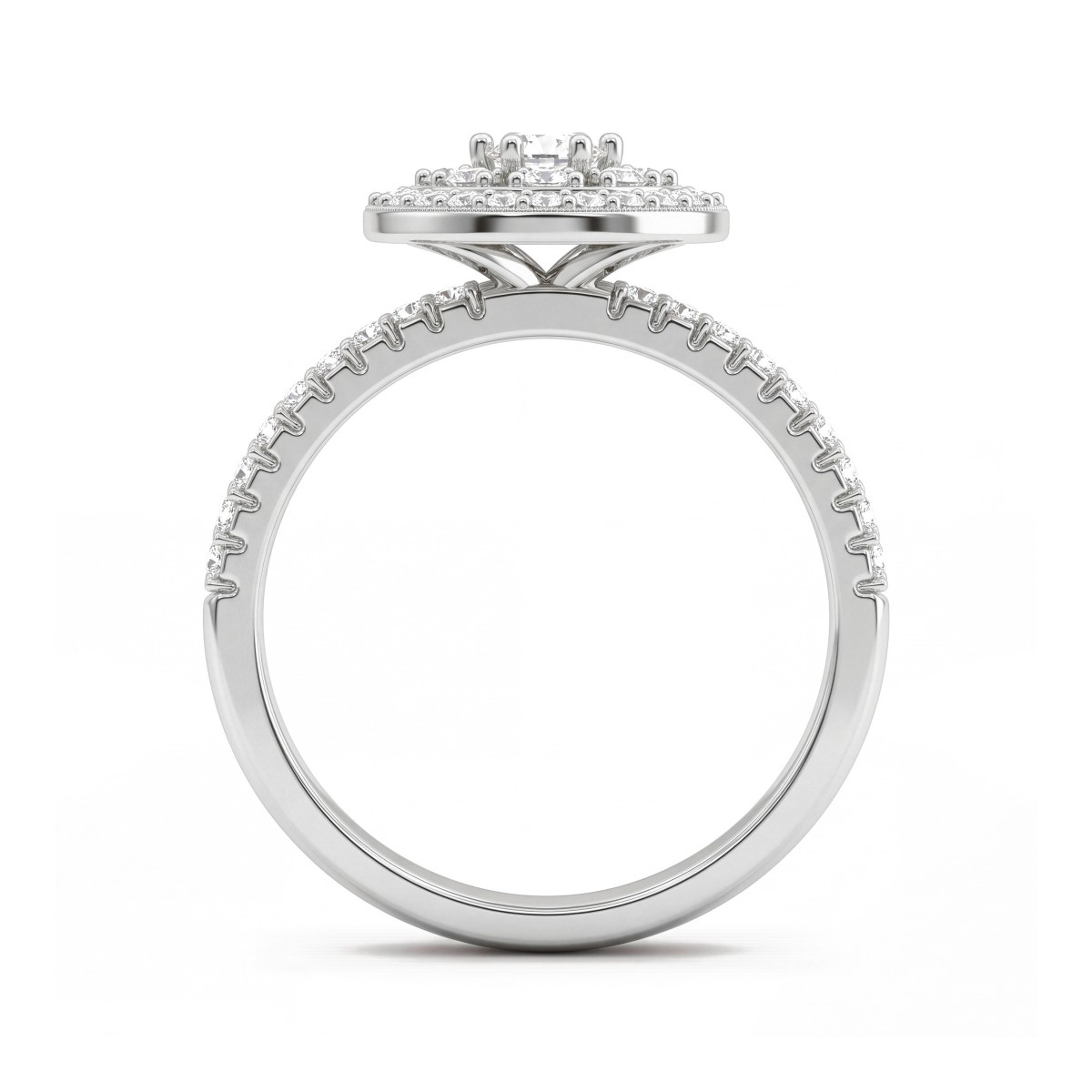 Corollina - ronde moissanite clusterring met halo en pavé schouders