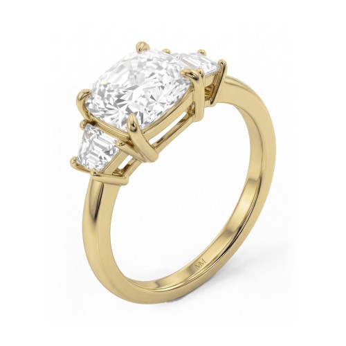 Trinity - cushion moissanite ring met drie stenen en trapeziumvormige zijstenen