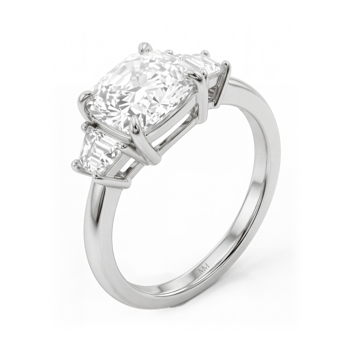 Trinity - cushion moissanite ring met drie stenen en trapeziumvormige zijstenen