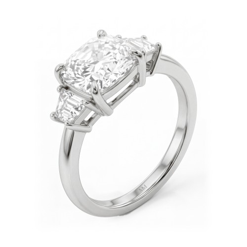 Trinity - cushion moissanite ring met drie stenen en trapeziumvormige zijstenen