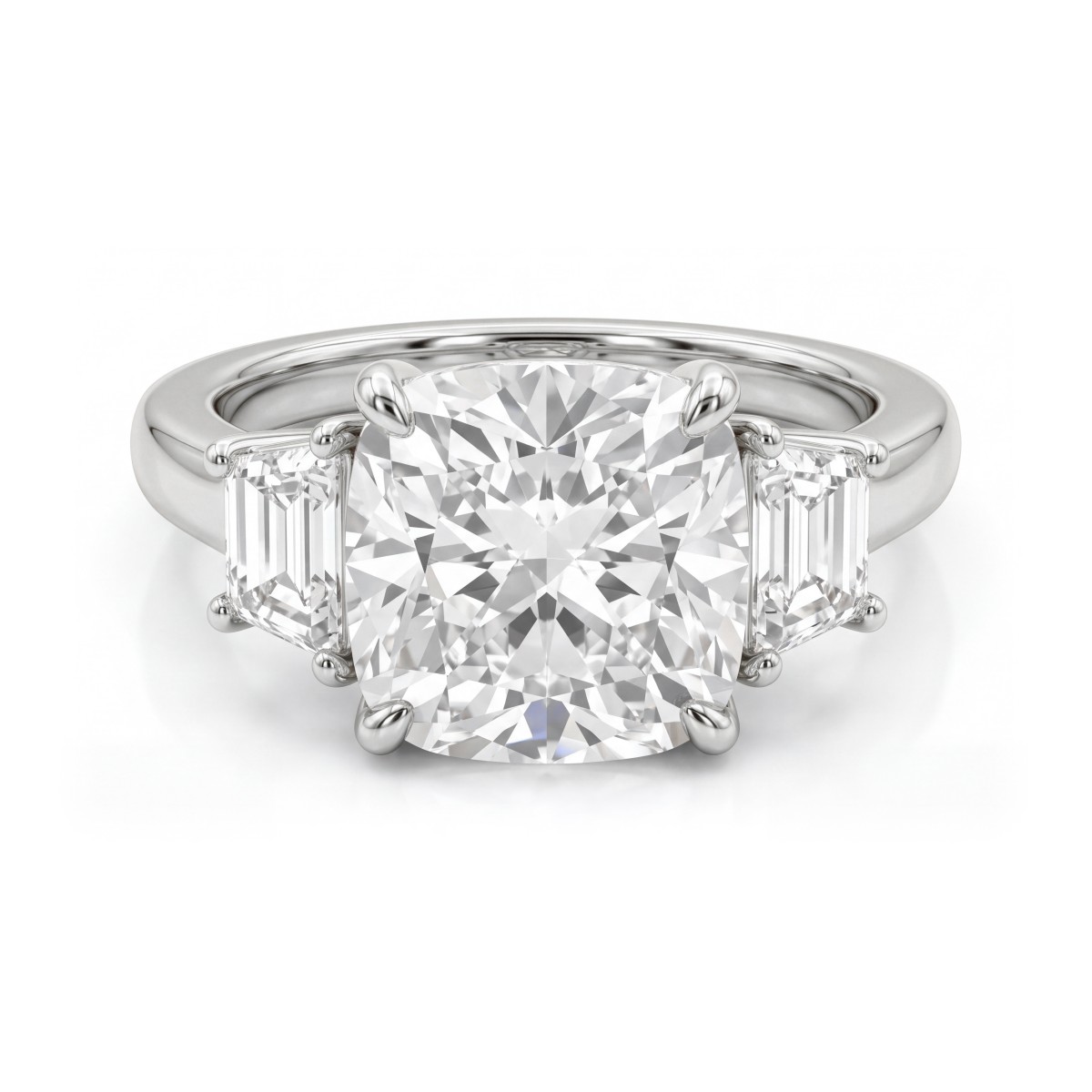 Trinity - cushion moissanite ring met drie stenen en trapeziumvormige zijstenen