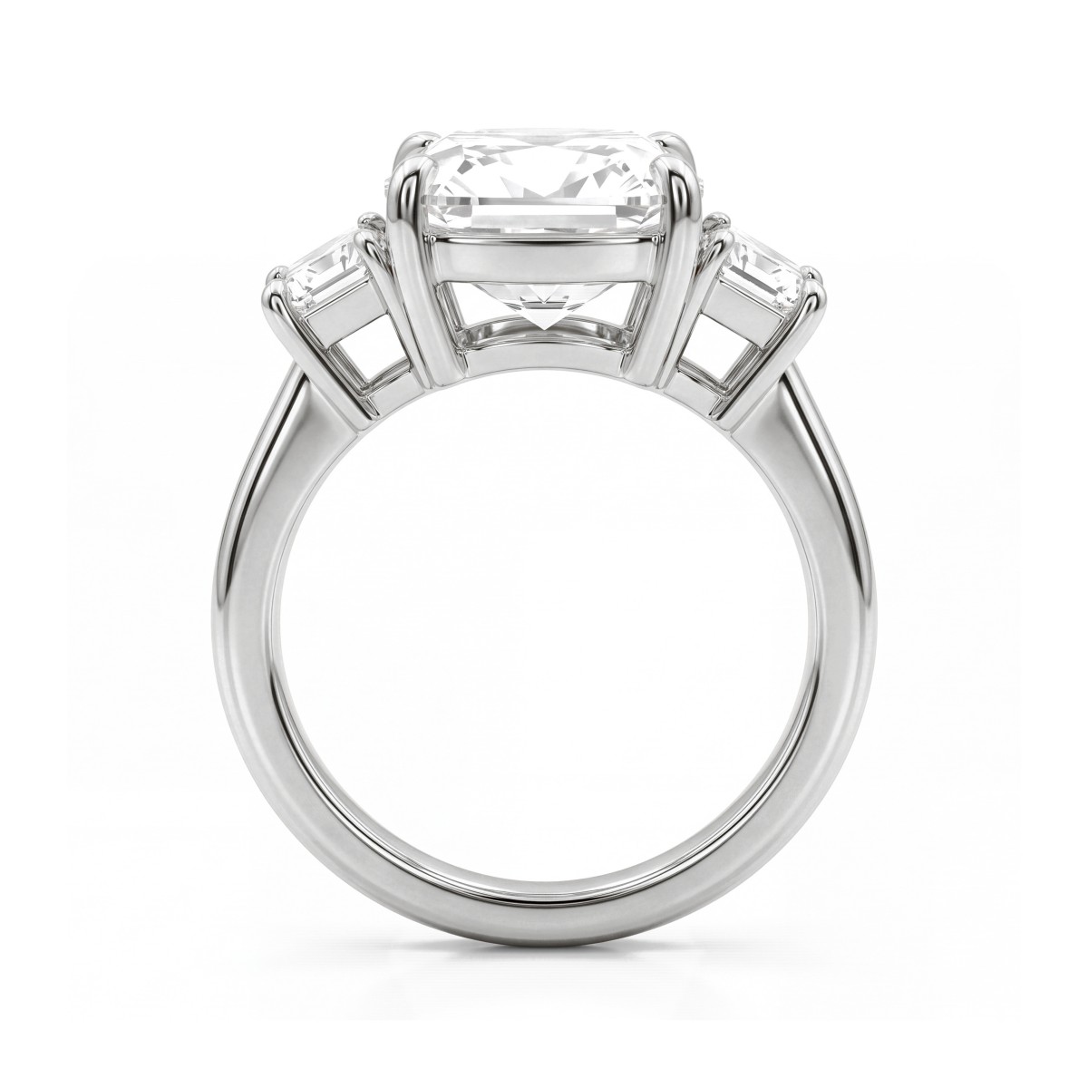 Trinity - cushion moissanite ring met drie stenen en trapeziumvormige zijstenen