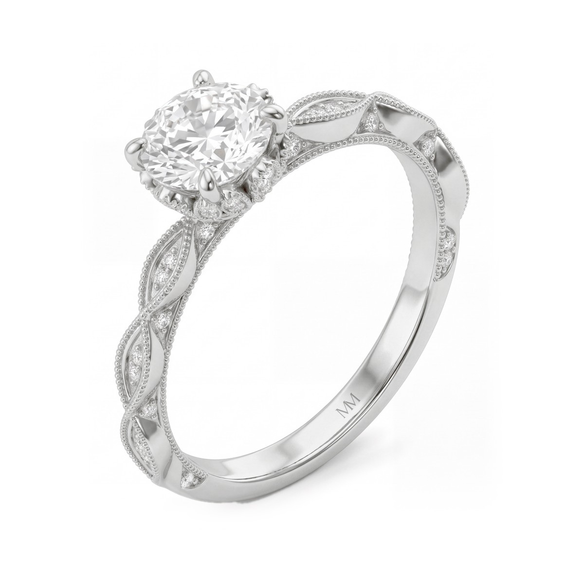 Plume - vintage ronde moissanite ring met pavé kraag in lotusvorm