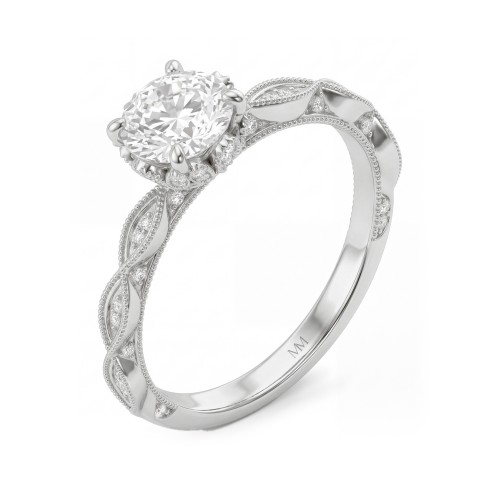 Plume - vintage ronde moissanite ring met pavé kraag in lotusvorm