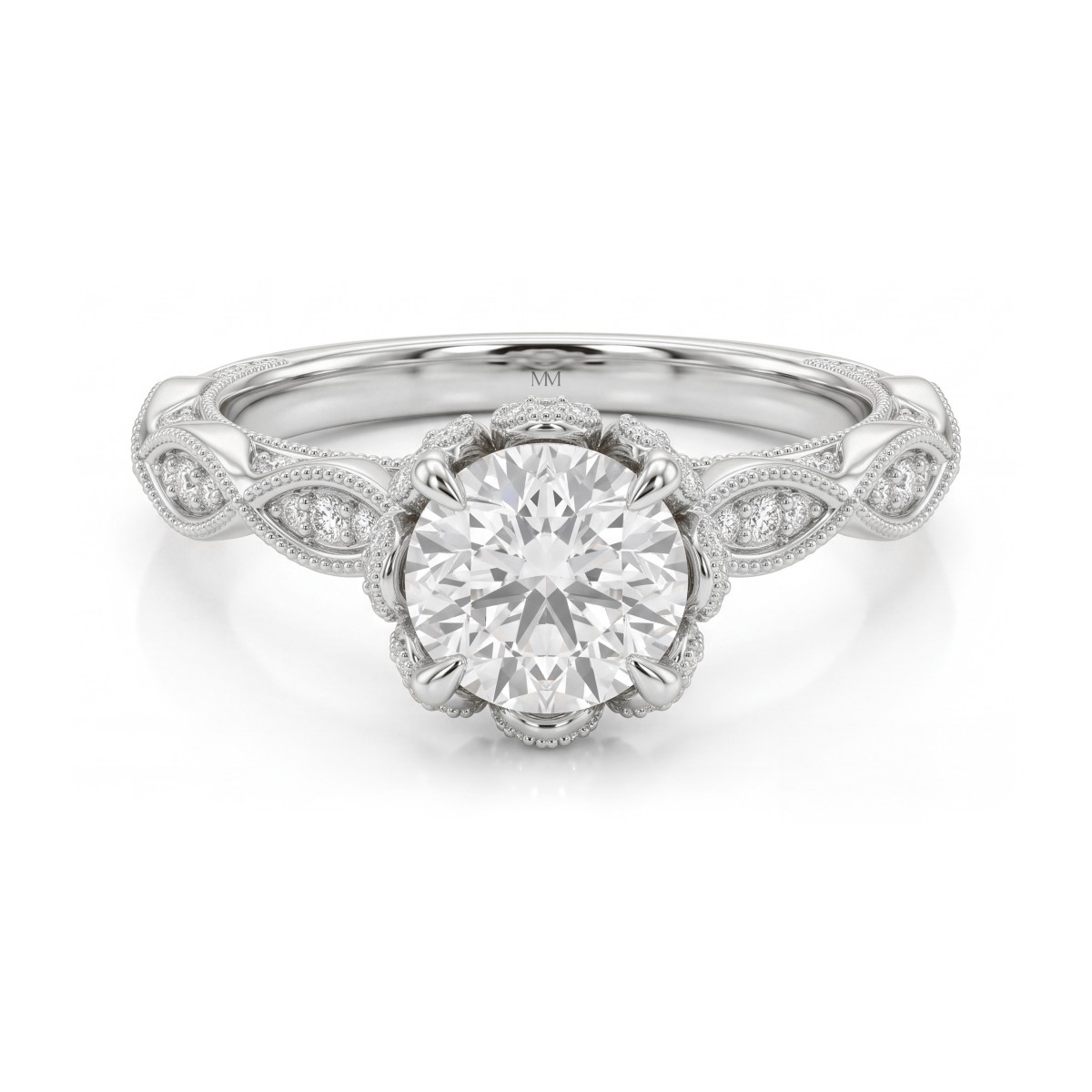 Plume - vintage ronde moissanite ring met pavé kraag in lotusvorm