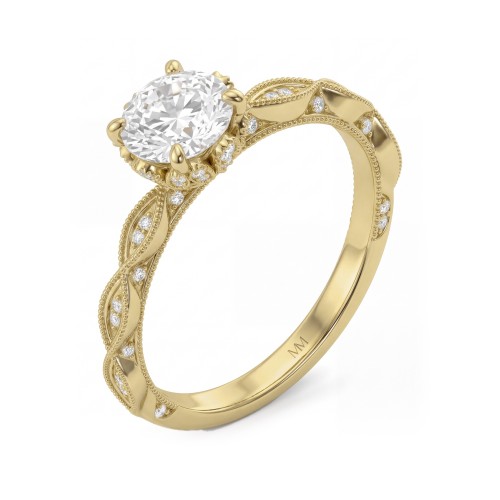 Plume - vintage ronde moissanite ring met pavé kraag in lotusvorm