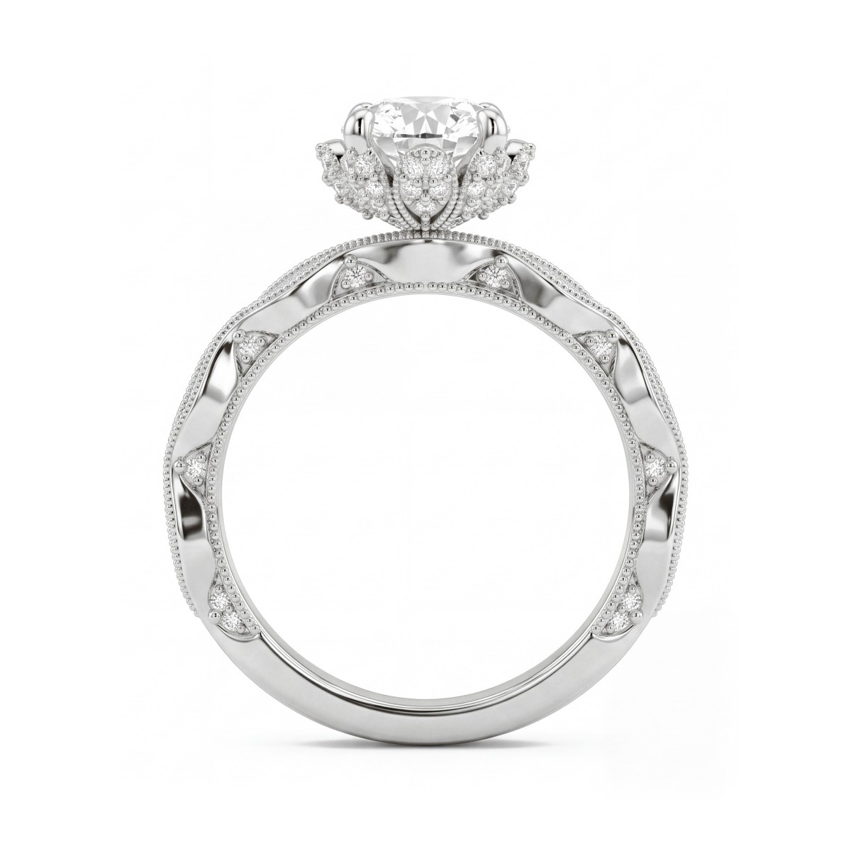 Plume - vintage ronde moissanite ring met pavé kraag in lotusvorm