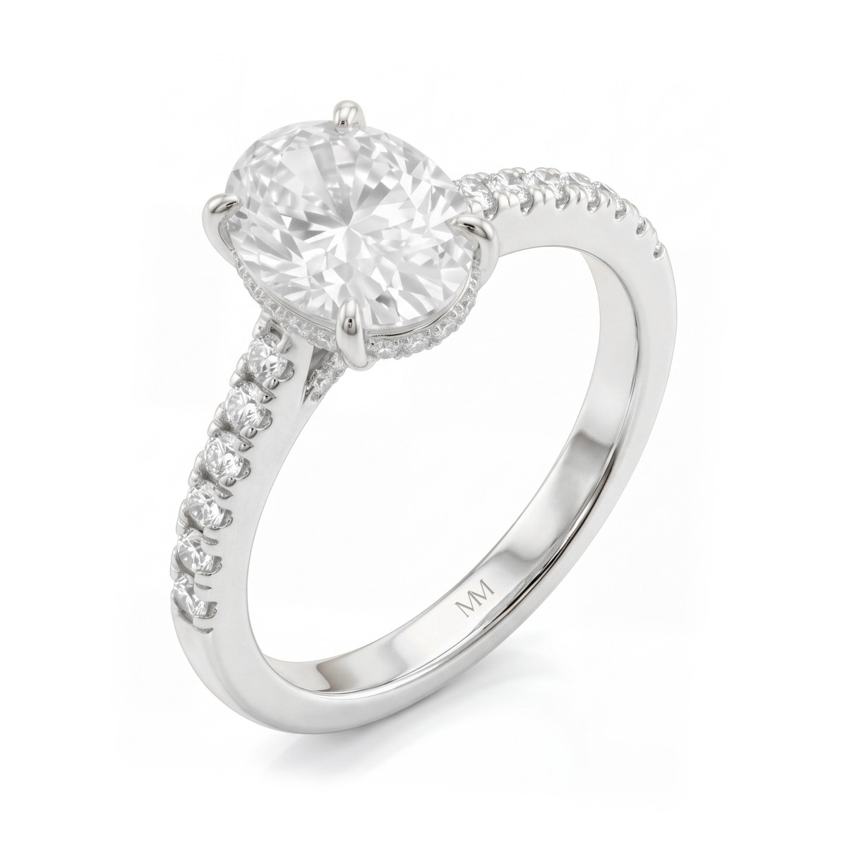 Arcadia - ovale moissanite ring met hidden halo en pavé schouders