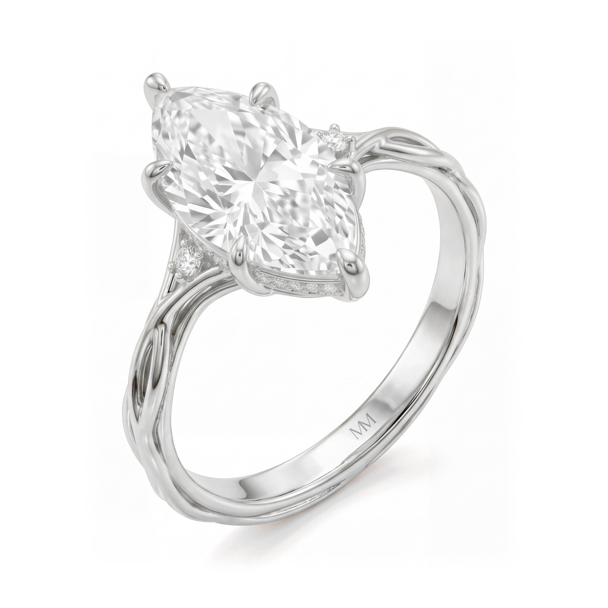 Hazel - marquise moissanite ring met ringband in de vorm van gedraaide takken