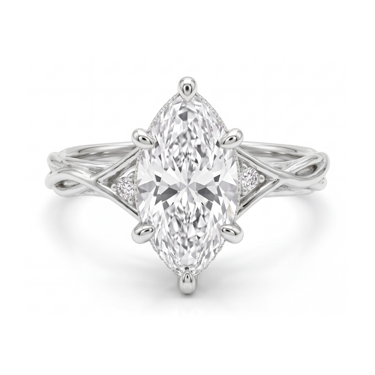 Hazel - marquise moissanite ring met ringband in de vorm van gedraaide takken