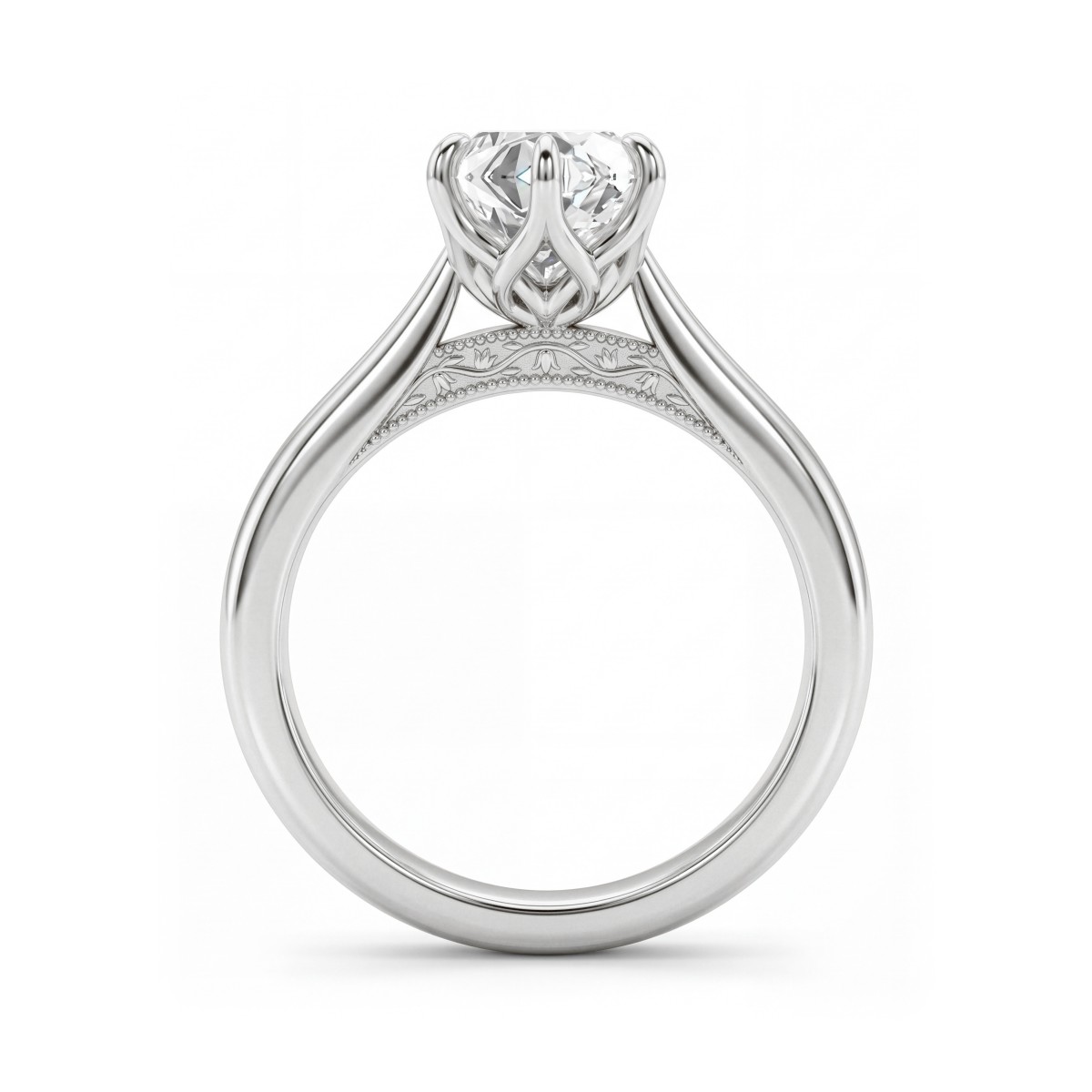 Lotella - ronde moissanite verlovingsring met uitgesneden lotusmandje