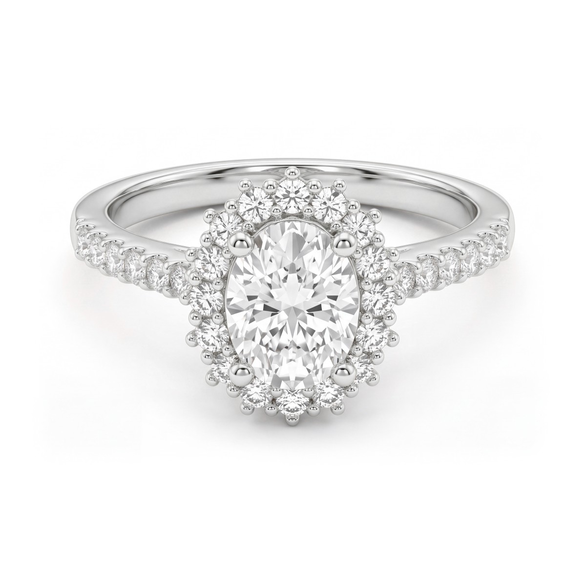 Soleil - ovale moissanite ring met halo en pavé ringband