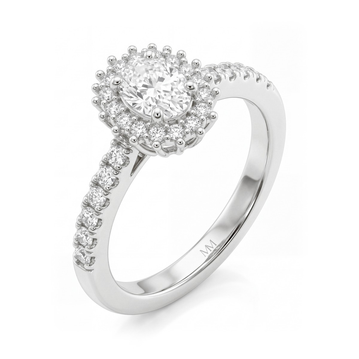 Soleil - ovale moissanite ring met halo en pavé ringband