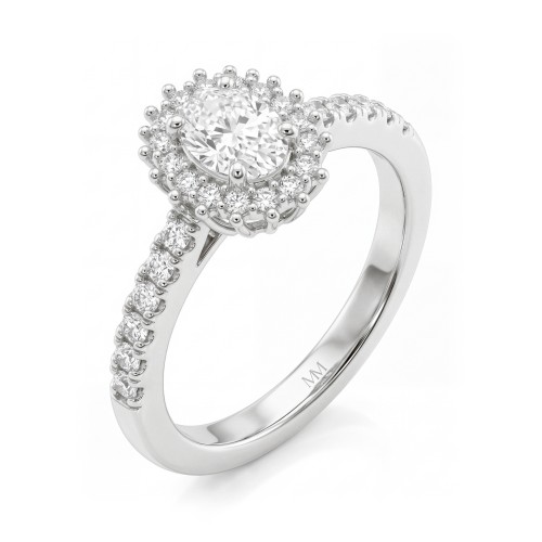 Soleil - ovale moissanite ring met halo en pavé ringband
