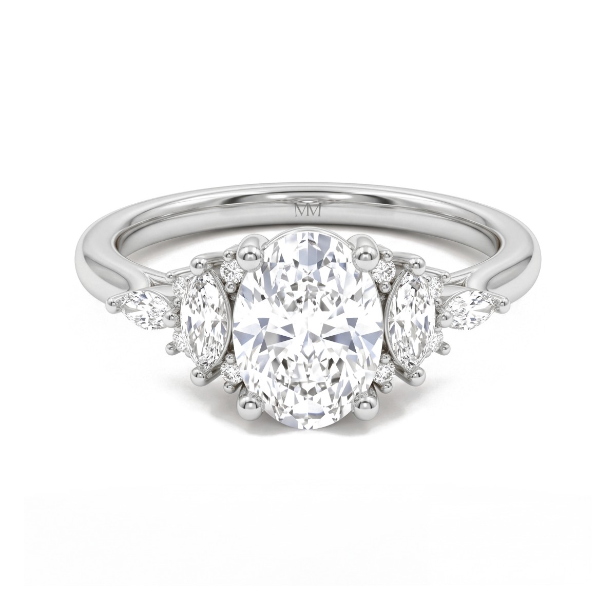 Ondine - ovale moissanite ring met marquiseclusters op de schouders