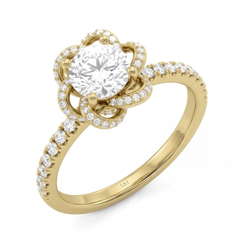 Camellia - ronde moissanite ring met pavé bloemblaadjes in lintmotief