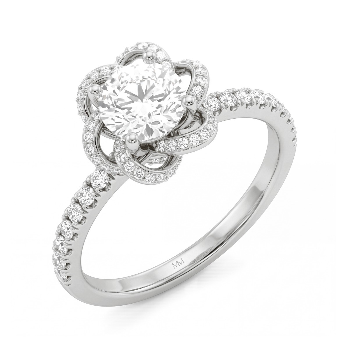 Camellia - ronde moissanite ring met pavé bloemblaadjes in lintmotief