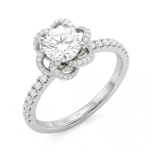 Camellia - ronde moissanite ring met pavé bloemblaadjes in lintmotief