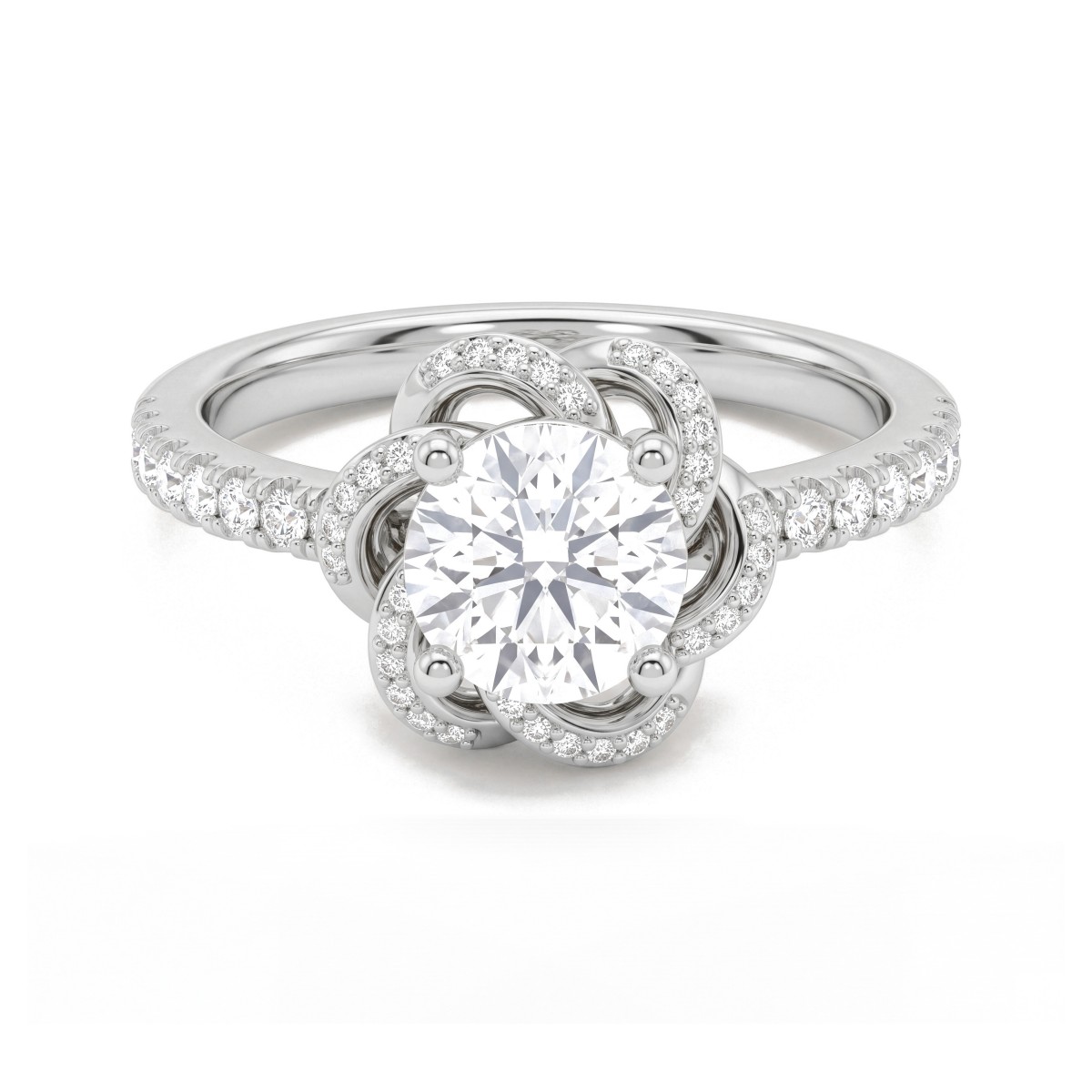 Camellia - ronde moissanite ring met pavé bloemblaadjes in lintmotief