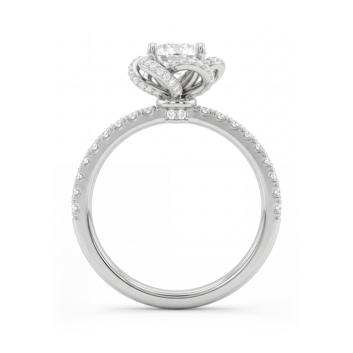 Camellia - ronde moissanite ring met pavé bloemblaadjes in lintmotief