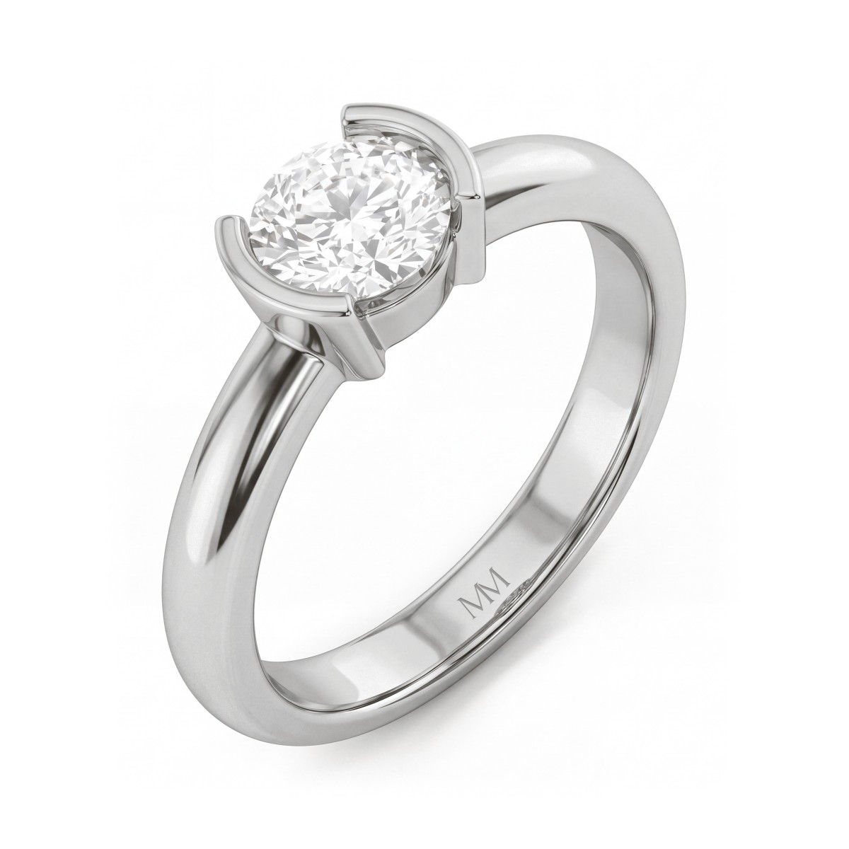 Demi - ronde moissanite solitair ring met halve kastzetting