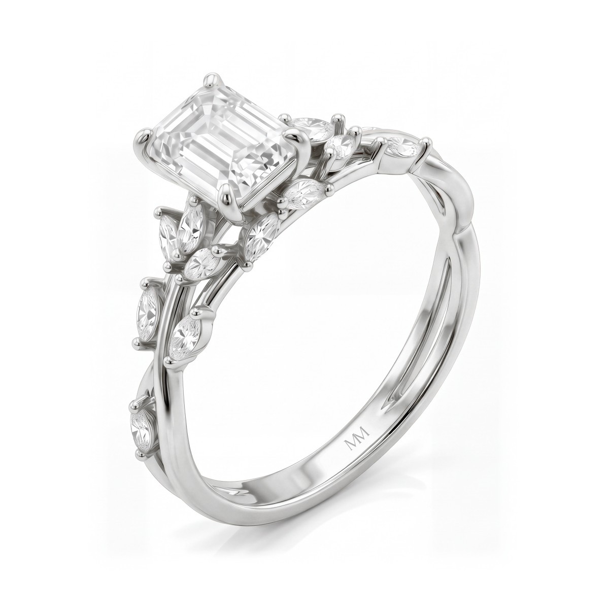 Eden - emerald cut moissanite ring met marquise ringband in rankenstijl