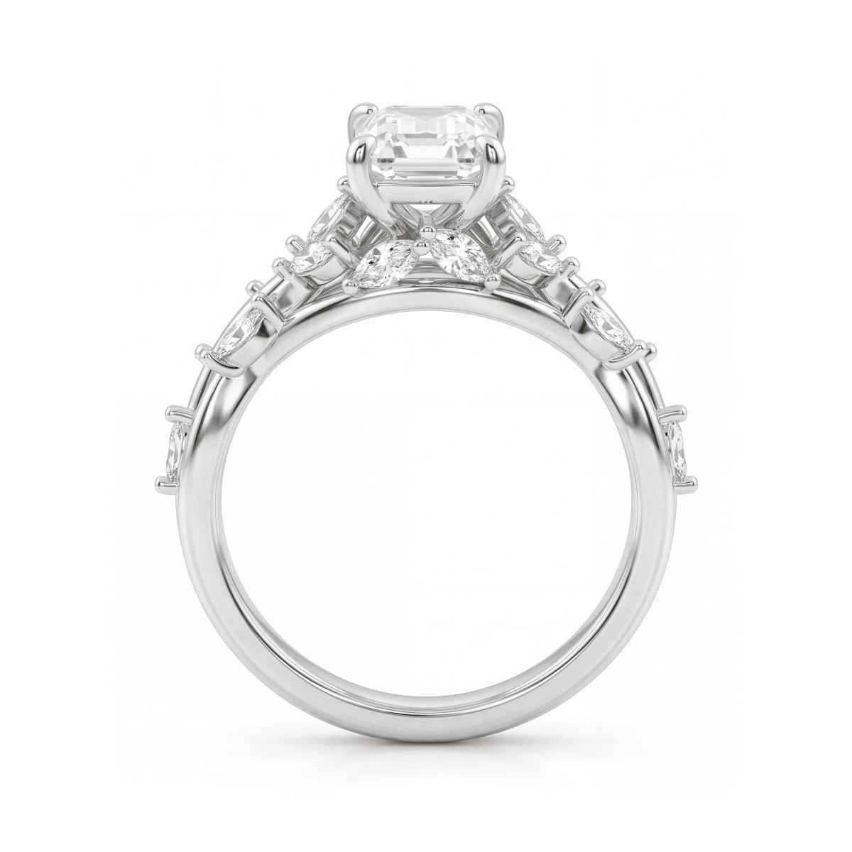 Eden - emerald cut moissanite ring met marquise ringband in rankenstijl
