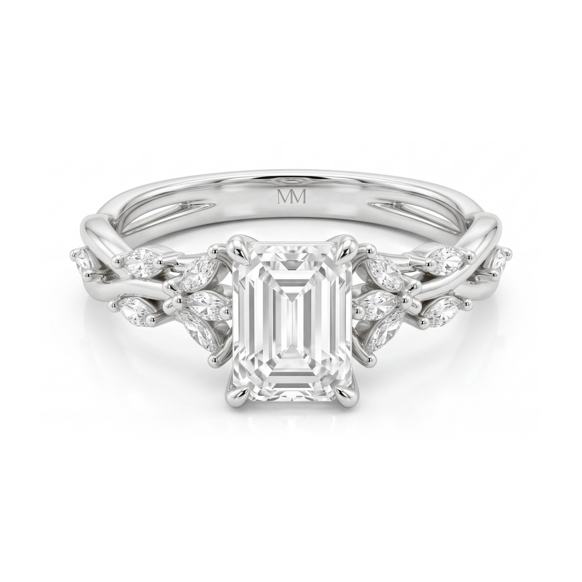 Eden - emerald cut moissanite ring met marquise ringband in rankenstijl