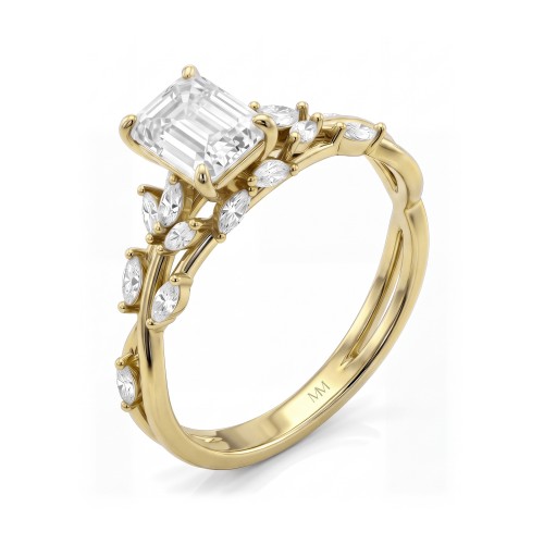 Eden - emerald cut moissanite ring met marquise ringband in rankenstijl