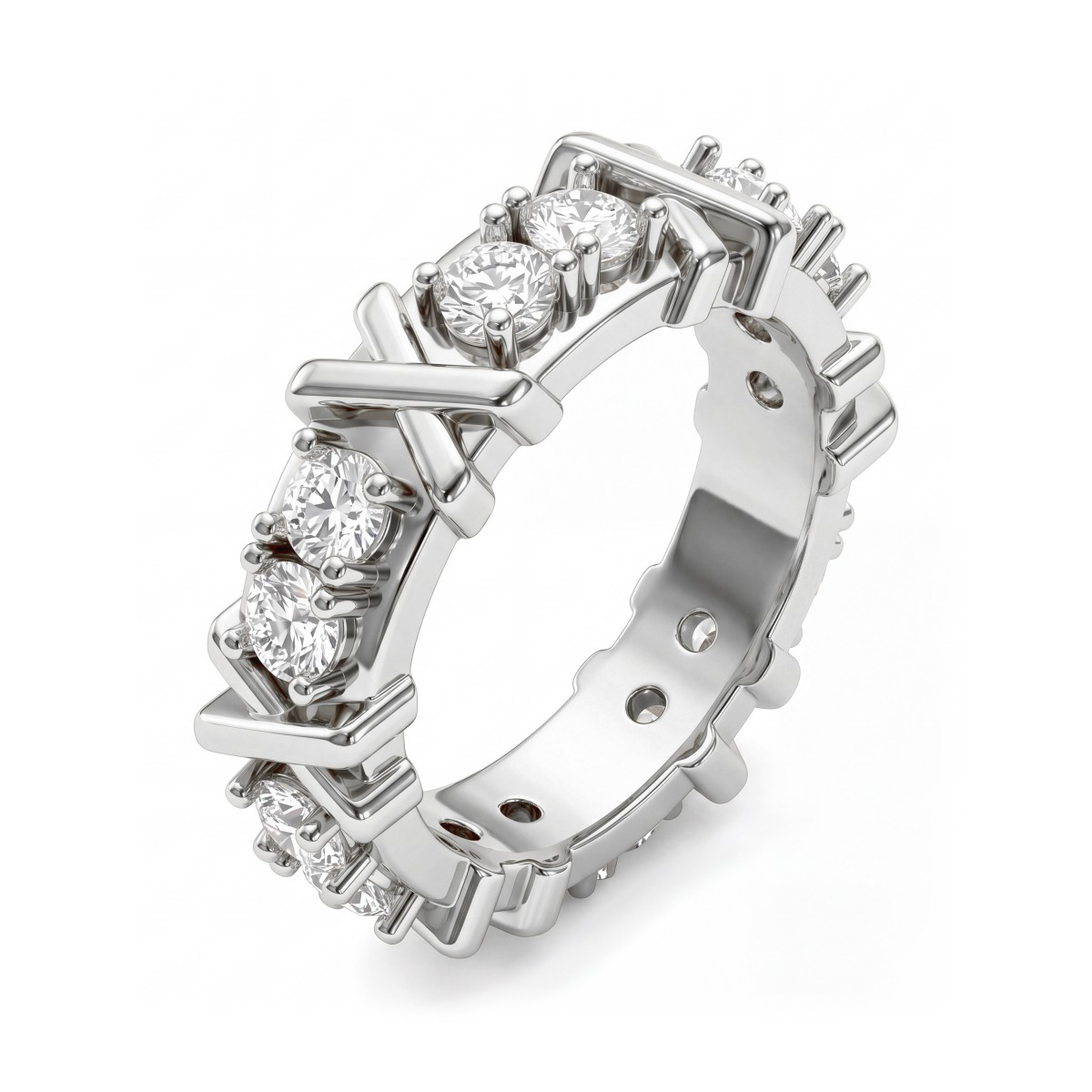 Duetta - ronde moissanite eternity ring met X-motieven